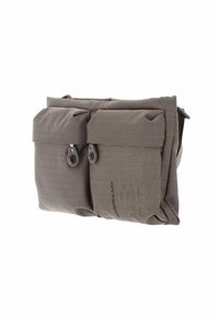 Brown textured bag with two front pockets, zip fasteners, and rounded edges. Features a patterned fabric for added detail and durability.