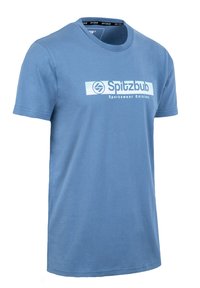 Blaues Kurzarm-T-Shirt mit Rundhalsausschnitt und dem Logo "Spitzbub Sportswear Edition" in Weiß und Blau über der Brust.