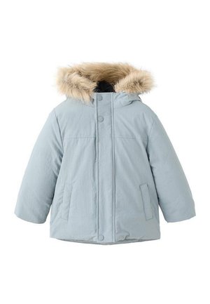 Doudoune bleu clair avec une capuche en fausse fourrure, boutons-pression et deux poches avant. Elle présente une texture lisse et une coupe légèrement surdimensionnée.