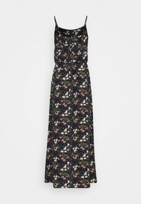 Robe maxi noire avec des fines bretelles et un motif floral rose, blanc et vert, avec une taille élastique et une coupe ample.