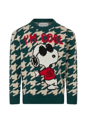 Zielony i beżowy sweter w pepitkę z Snoopym w okularach przeciwsłonecznych i czerwonej koszulce z napisem "JOE COOL" oraz czerwonym napisem "I'M COOL" u góry.