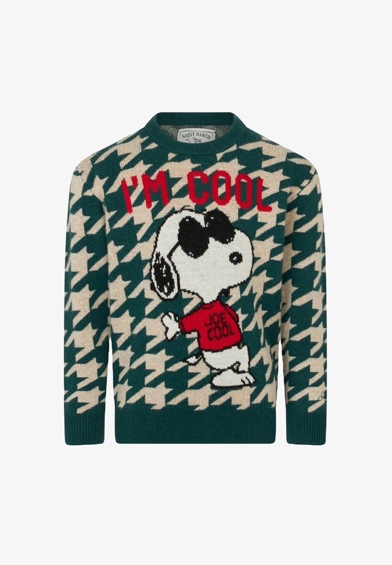Pull pied-de-poule vert et beige avec Snoopy en lunettes de soleil et un t-shirt rouge avec l’inscription « JOE COOL », et un texte rouge « I'M COOL » au-dessus.