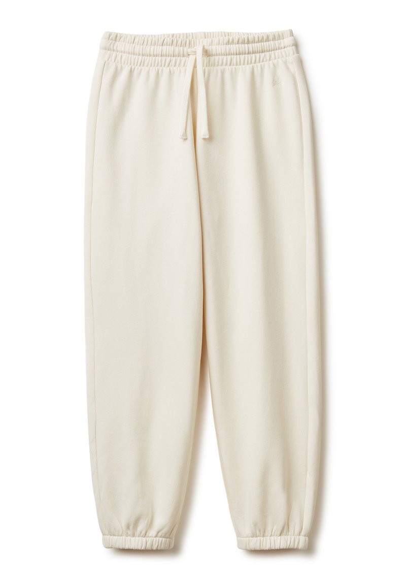 Sukienki w kolorze kremowym, wykonane z miękkiego materiału, z elastycznym paskiem w talii z sznurkiem i elastycznymi mankietami przy kostkach.