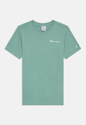 Mátově zelené bavlněné tričko s krátkým rukávem, kulatým výstřihem a vyšitým logem na hrudi a malým logem na rukávu. Měkká textura.