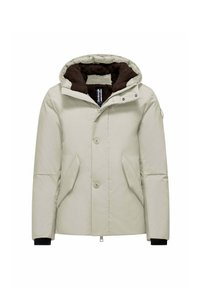 Licht beige pufferjack met een capuchon, voorzien van een bruine fleece voering, zijzakken en zwarte geribbelde manchetten. Voorzien van een knoop- en ritsluiting aan de voorkant.