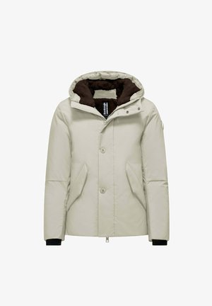 Giacca puffer beige chiaro con cappuccio, dotata di foderatura in pile marrone, tasche laterali e polsini a coste neri. Chiusura frontale con bottoni e zip.