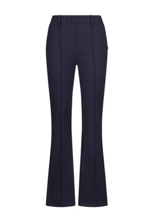 Pantaloni elasticizzati blu navy con vita elastica, dettagli a cucitura verticale e gambe leggermente svasate.