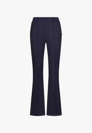 Pantaloni elasticizzati blu navy con vita elastica, dettagli a cucitura verticale e gambe leggermente svasate.