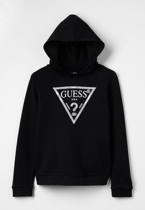 Czarna bluza z kapturem z srebrnym trójkątnym logo GUESS i napisem "U.S.A. Washed Jeans" z przodu, długie rękawy, ściągacze na mankietach i u dołu.