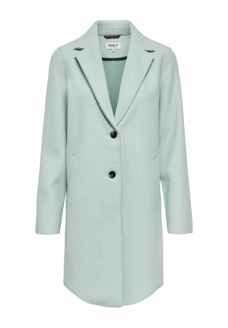Długi, jasnozielony damski płaszcz z kołnierzem z klapami, dwoma czarnymi guzikami i bocznymi kieszeniami, rozmiar mały, marki ONLY.