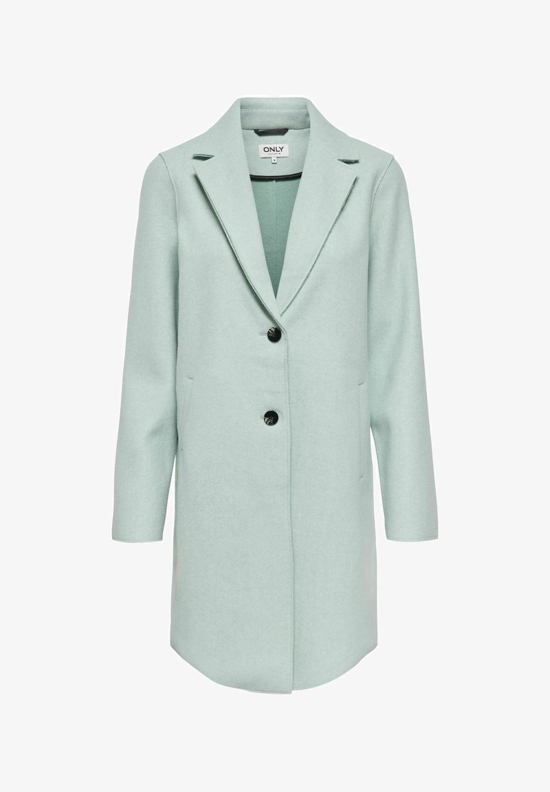 Lysegrønn lang frakk for kvinner med slagkrave, to svarte knapper og sidelommer, størrelse liten fra merket ONLY.