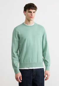 Jeune homme portant un pull ras du cou vert clair par-dessus une chemise blanche, associé à un jean bleu foncé, debout devant un fond uni.