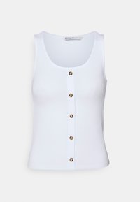 Top sans manches blanc en tissu lisse, avec un col rond et une rangée de six boutons dorés sur le devant.