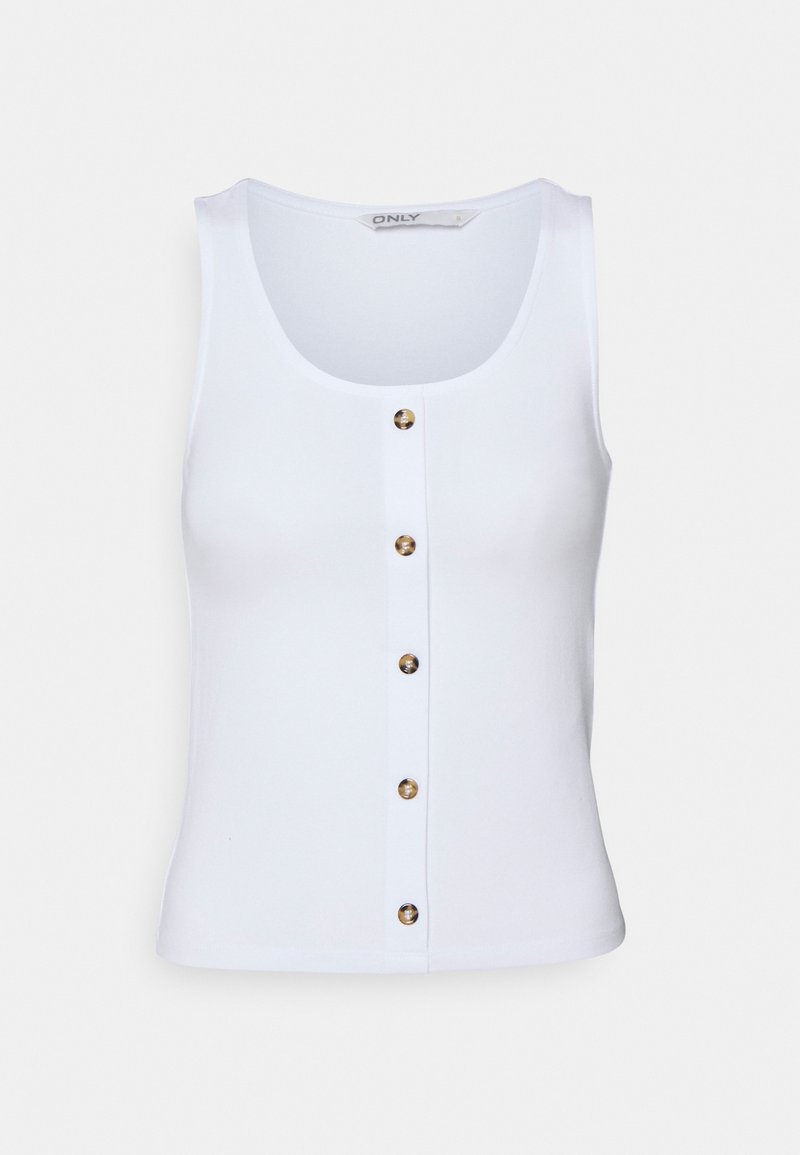 Top sans manches blanc en tissu lisse, avec un col rond et une rangée de six boutons dorés sur le devant.