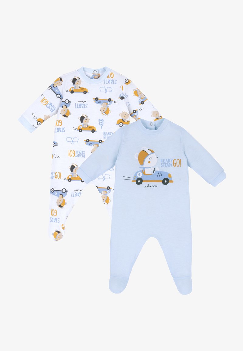 Dvě dětské body: jedno s bílým pozadím a karikaturami aut a medvědů v modré a oranžové, a druhé v jednobarevné světle modré s medvědem řídícím auto.