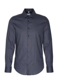 Marineblauw overhemd met knoopsluiting van lichte stof met een ruitpatroon in lichtblauw. Voorzien van een oplopende kraag en lange mouwen.