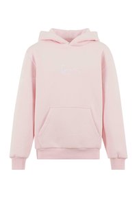 Felpa rosa in morbido tessuto con tasca frontale, polsini e fondo a costine, e delicato logo ricamato bianco sul petto.