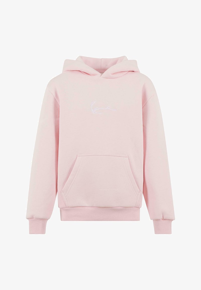 Sudadera rosa de tejido suave con un bolsillo frontal, puños y dobladillo acanalados, y un sutil logotipo bordado en blanco en el pecho.