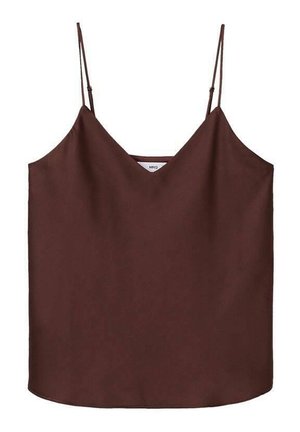 Bruine, mouwloze camisole met een V-halslijn. Gemaakt van soepel materiaal, met dunne verstelbare bandjes en een eenvoudige, rechte snit.