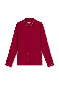Rode blouse met lange mouwen en kraag, voorzien van kleurrijke geborduurde details en een knoopsluiting aan de voorkant. Glad stof met een getailleerde pasvorm.