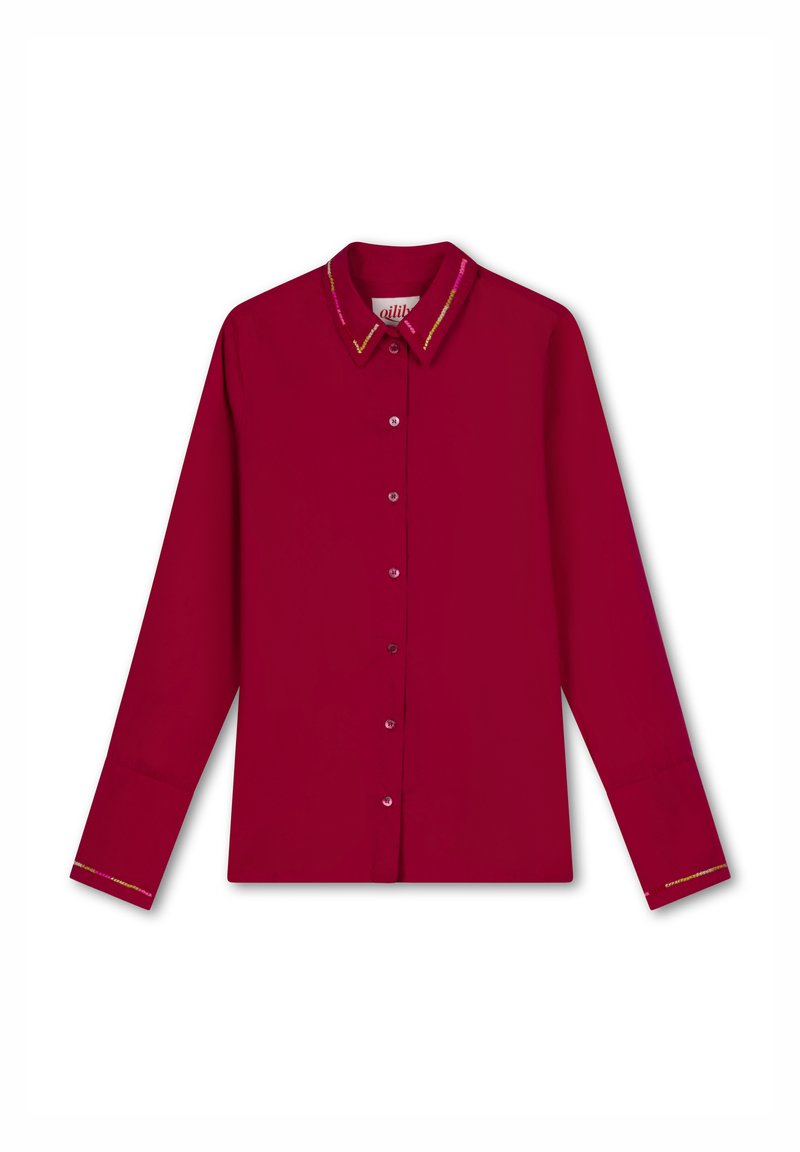Rode blouse met lange mouwen en kraag, voorzien van kleurrijke geborduurde details en een knoopsluiting aan de voorkant. Glad stof met een getailleerde pasvorm.