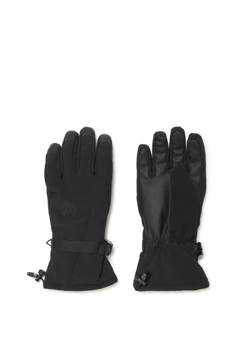 Black gloves featuring a mix of soft fabric and smooth leather, with a textured grip, elastic cuffs, and adjustable straps for a secure fit.