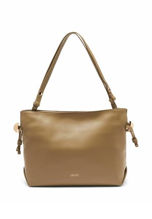 Bolso sintético marrón con textura suave, doble asa para el hombro y herrajes en tono dorado. Cuenta con marca visible en la parte frontal.