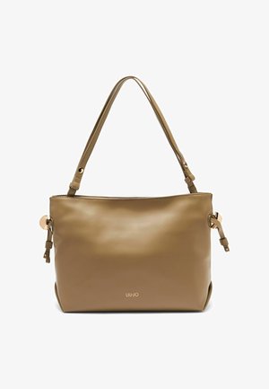 Borsa sintetica marrone con una texture liscia, doppie tracolle per la spalla e dettagli in metallo color oro. Presenta il marchio sulla parte anteriore.