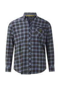 Langärmliges Hemd mit Knopfleiste und kariertem Muster in Blau, Schwarz und Gelb, Brusttasche mit gelbem Etikett und Kentkragen.
