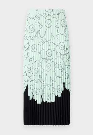 Faltender Midirock mit mintgrünem Blumenmuster und schwarzem Saum. Verfügt über vertikale Streifen und eine glatte Textur.