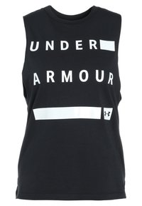 Černý bezrukávový sportovní top s b�ílým textem a logem "UNDER ARMOUR" na přední straně.