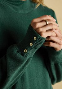 Tumed roheline kootud sviiter, millel on kõrge kaelus ja soonikkoes mansetid, ning kolm kuldset nööpi varruka peal. Pehme tekstuur ja vormi hoidnud disain.