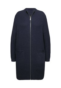 Marinblå stickad cardigan med framdragkedja, långa ärmar, två framfickor och en avslappnad passform. Har en ribbad textur överallt.