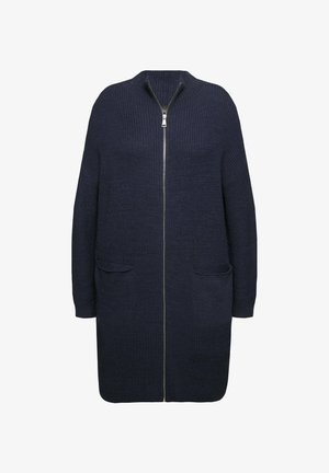 Cardigan a maglia blu navy con zip frontale, maniche lunghe, due tasche frontali e vestibilità rilassata. Presenta una texture a costine su tutta la superficie.