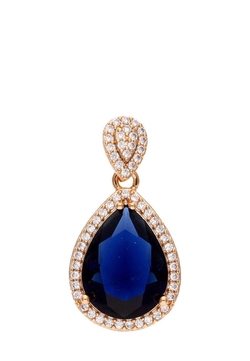 Druppelvormige hanger met een grote saffier omringd door kleine heldere rhinestones, met een goudkleurige metalen zetting en ingewikkelde details.