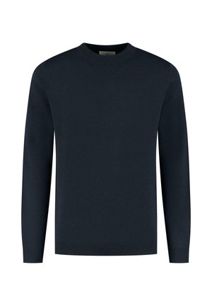 Donker marineblauw long-sleeve crewneck sweater met geribbelde boorden en zoom, van eenvoudige gebreide stof, weergegeven op een witte achtergrond.