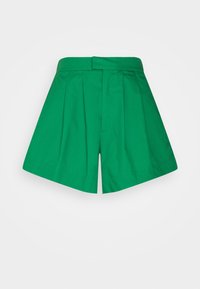 Zelené skládací šortky s vysokým pasem a širokými nohavicemi. Vyrobené z hladké tkaniny, s jedním předním zapínáním a bez viditelných kapes.