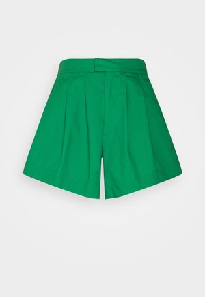 Zelené skládací šortky s vysokým pasem a širokými nohavicemi. Vyrobené z hladké tkaniny, s jedním předním zapínáním a bez viditelných kapes.