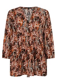 Blusa a maniche lunghe con scollatura a V, caratterizzata da un motivo fogliare nero, arancione e bianco. Realizzata in tessuto leggero, presenta un dettaglio in vita arricciato.