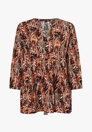 Blusa a maniche lunghe con scollatura a V, caratterizzata da un motivo fogliare nero, arancione e bianco. Realizzata in tessuto leggero, presenta un dettaglio in vita arricciato.