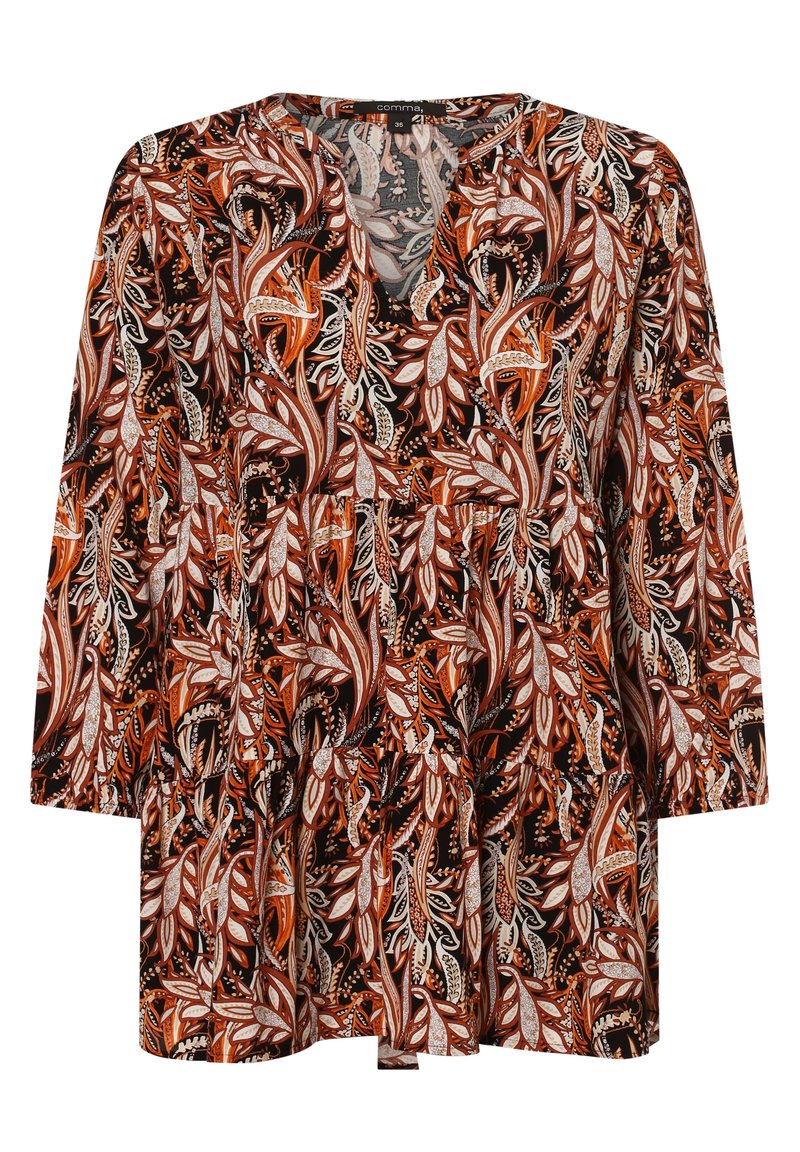 Blusa a maniche lunghe con scollatura a V, caratterizzata da un motivo fogliare nero, arancione e bianco. Realizzata in tessuto leggero, presenta un dettaglio in vita arricciato.