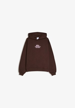 Brown hooded sweatshirt with ribbed cuffs and hem, featuring white and pink text "NYC Where streets come alive" centered on the chest.