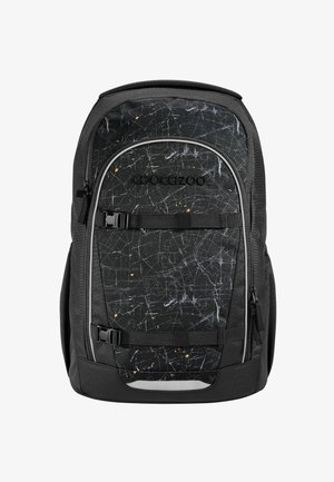 Black backpack featuring a textured front with a white, gray, and gold abstract pattern, adjustable straps, and a padded back for comfort.