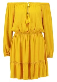 Gelbes schulterfreies Kleid mit einer Quastenbindung am Ausschnitt, gerafftem elastischen Taillenbund und einem ausgestellten Rüschensaum. Hergestellt aus leichtem Stoff.