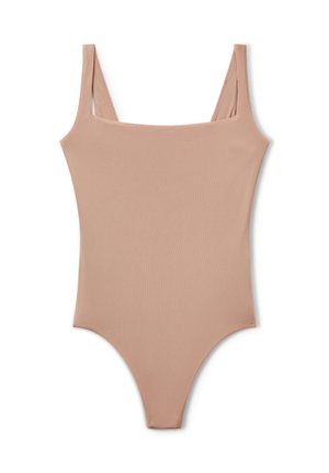 Nackter Einteiler-Badeanzug mit quadratischem Ausschnitt und schmalen Schulterträgern. Hergestellt aus geripptem Stoff, mit hoch ausgeschnittenen Beinen und minimalistischem Design.