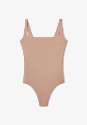 Nackter Einteiler-Badeanzug mit quadratischem Ausschnitt und schmalen Schulterträgern. Hergestellt aus geripptem Stoff, mit hoch ausgeschnittenen Beinen und minimalistischem Design.