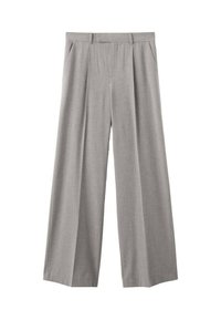 Pantalones de pierna ancha en gris claro, confeccionados en una tela tejida. Incluyen pliegues en la parte delantera, una cinturilla ajustada y bolsillos laterales.