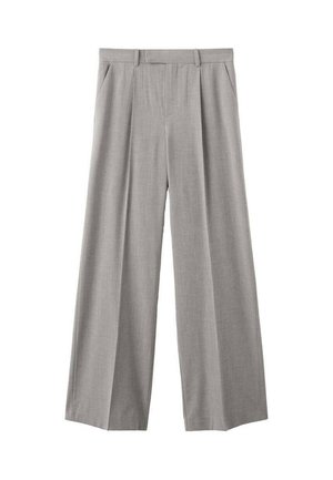 Pantalones de pierna ancha en gris claro, confeccionados en una tela tejida. Incluyen pliegues en la parte delantera, una cinturilla ajustada y bolsillos laterales.