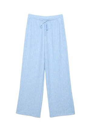 Hellblaue Freizeithose mit weitem Bein, vertikalen Streifen und einem elastischen Bund mit vorne geschnürtem Bindeband.