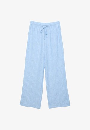 Hellblaue Freizeithose mit weitem Bein, vertikalen Streifen und einem elastischen Bund mit vorne geschnürtem Bindeband.